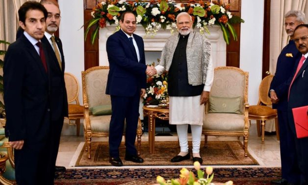 Meeting of President Abdel Fatah al-Sisi and Indian Prime Minister Narendra Modi in New Delhi. January 25, 2023. Press Photo