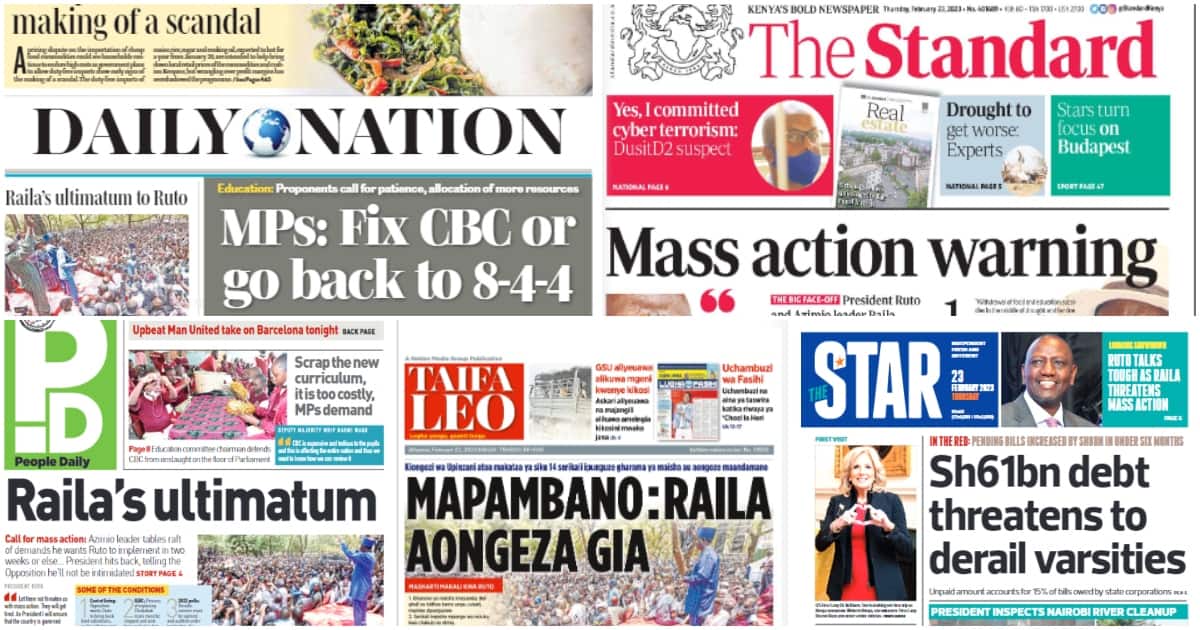Revue des journaux kenyans du 23 février : Raila donne des exigences sévères à Ruto et menace une action de masse dans 14 jours
