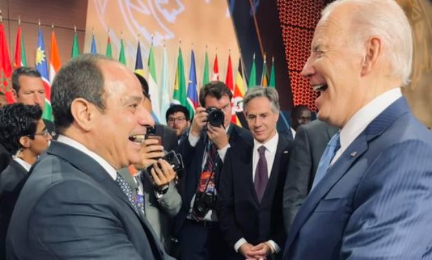 File- President Abdel Fattah El-Sisi shares a laugh with his U.S. counterpart Joe Biden on the sidelines of the US-Africa Business Forum on Thursday.