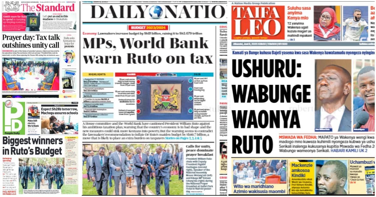 Kenyan newspapers. Photo: Screengrabs from The Standard, Daily Nation, The Star, People Daily and Taifa Leo.