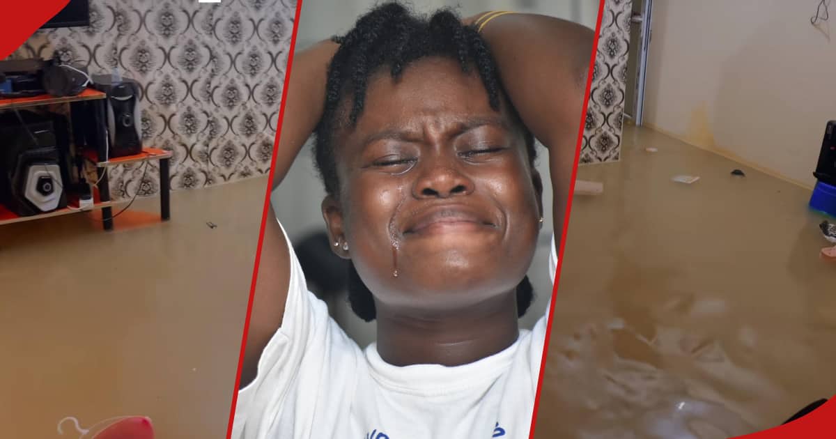 Une femme de Mombasa montre des chaussures flottantes et des livres alors que l'eau de pluie inonde sa maison : « Inaingia Kama Ujinga »