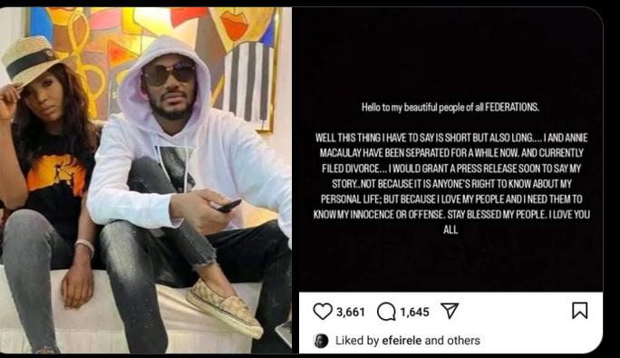 "Le mariage est surfait", les Nigérians réagissent à 2Baba, la saga du divorce d'Annie Idibia