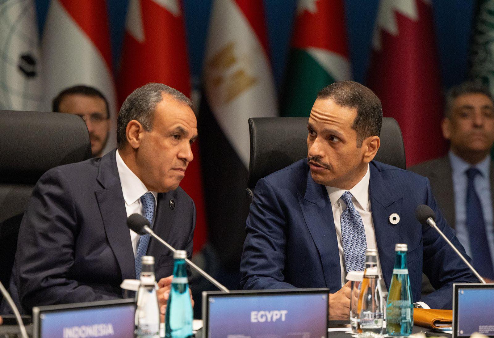 Egyptien FM Badr Abdelatty et Qatari FM Mohammed Al Thani Talk lors de la réunion de l'OCI à Antalya