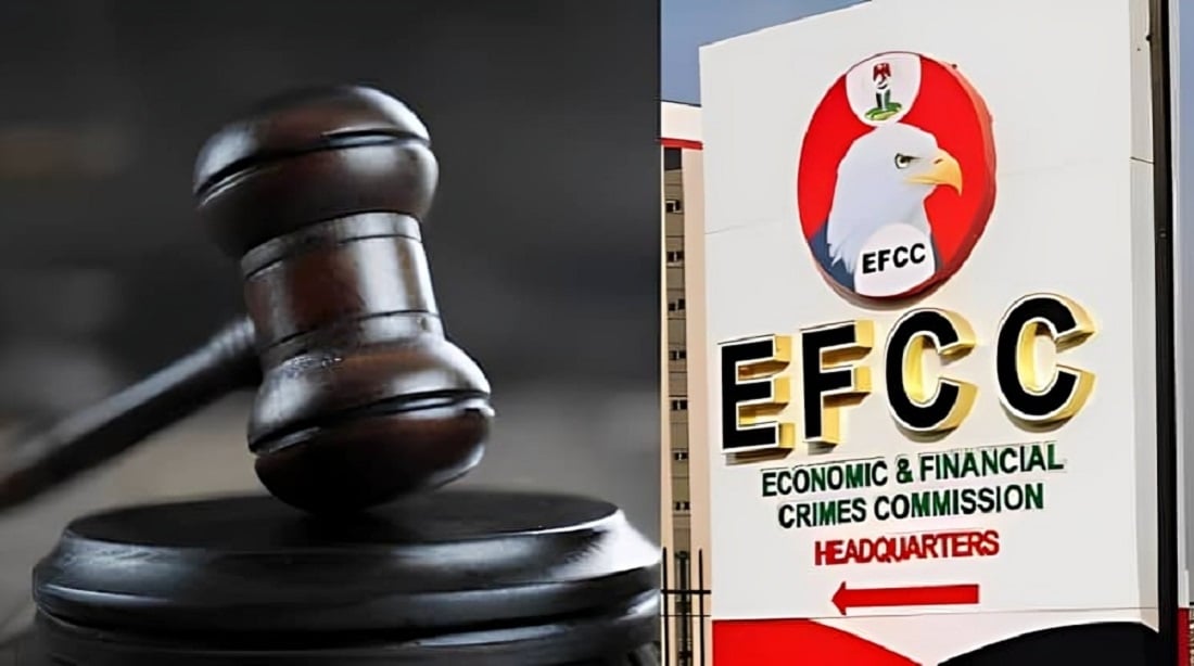 Signpost of the Economic and Financial Crime Commission (EFCC) and Court gavel,