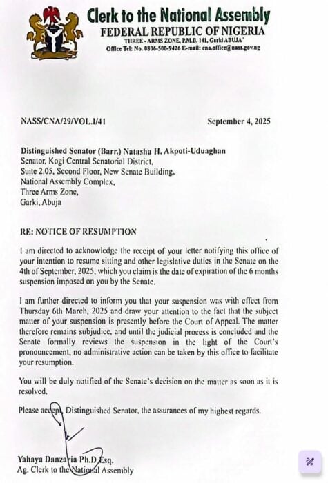 Lettre de Nass à Natasha concernant sa reprise au Sénat