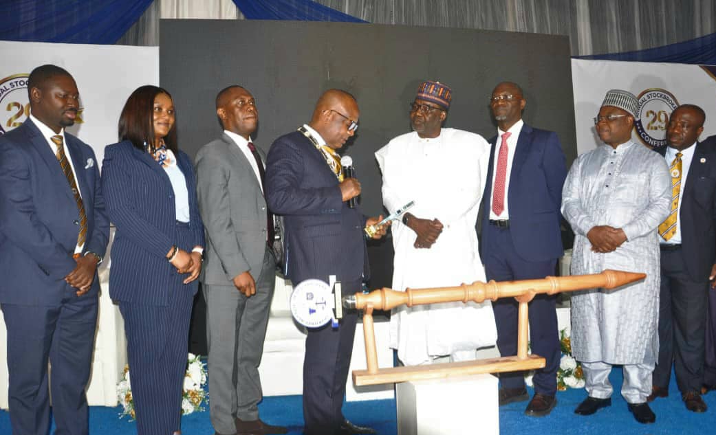 From left, 2nd Vice President, Chartered Institute of Stockbrokers (CIS), Dr Akeem Oyewale; 1st Vice President, CIS, Fiona Ahimie; Chairman, House Committee on Capital Market, Hon.Solomon Bob; 13th President and Chairman of Council, Oluropo Dada; Deputy Chief of Staff to President in the Office of Vice President, Senator Ibrahim Hadejia; Director General, Securities and Exchange Commission (SEC), Dr Emomotimi Agama; Group Chairman, NGX Group PLC, Alhaji Umaru Kwairanga and Registrar and Chief Executive, CIS, Ayorinde Adeonipekun during the 29th Stockbrokers’ Conference in Abuja at weekend