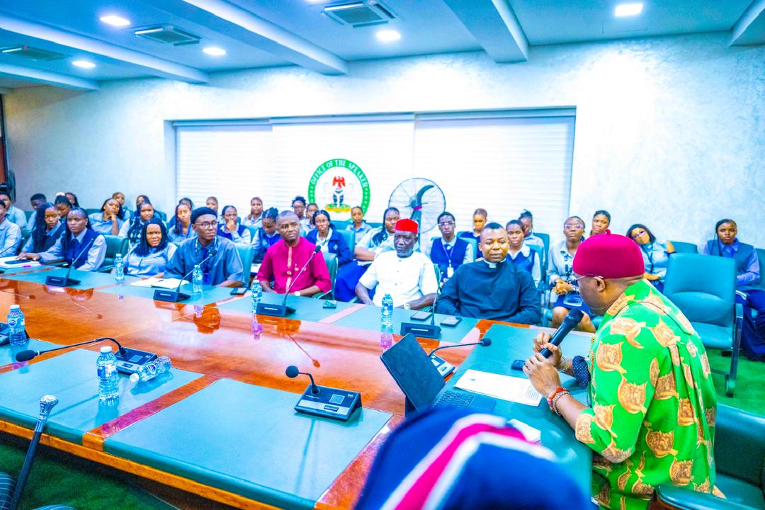 Hon. Kalu addressing students of International Relations from Madonna University, Okija campus, who visited the National Assembly on an excursion over the weekend