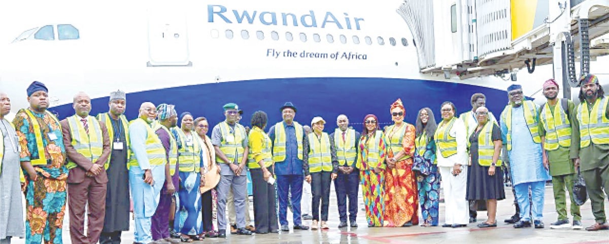 The Minister of Aviation and Aerospace Development, Festus Keyamo and the Minister of Industry, Trade and Investment, Dr Jumoke Oduwole (middle) flanked by other participants shortly before both Ministers flagged off RwandaAir’s first dedicated cargo flight on the Nigeria–East/Southern Africa Air Cargo Route recently, at the Murtala Muhammed Airport, Lagos.