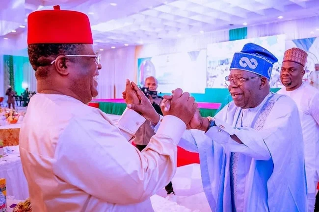 Minister of Works, David Umahi and President Bola Tinubu holding hands, Lagos-Calabar Coastal Highway project