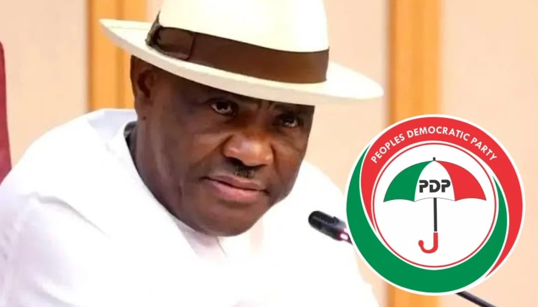PDP on Wike, FCT Minister, Nyesom Wike and the PDP logo,