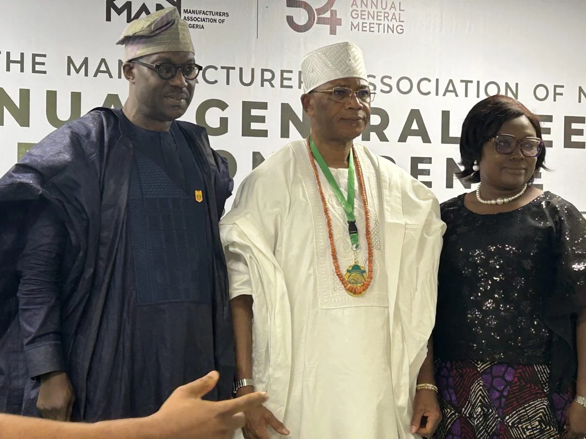 From Left: Director General, Segun Ajayi-Kadir; President, Otunba Francis Meshioye and Acting Head, Corporate Affairs Division, Victoria Onuoha; all of MAN, at the media briefing in Lagos.